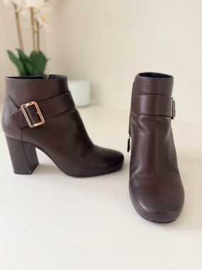 Prada Women's Dark Brown Leather Ankle Boot with Buckle